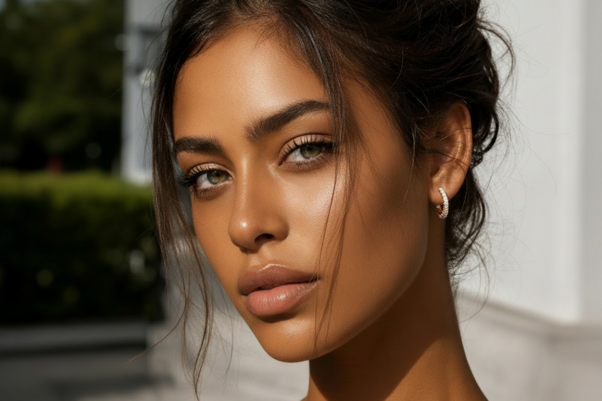 Model with Diamond Huggie Hoop Earrings